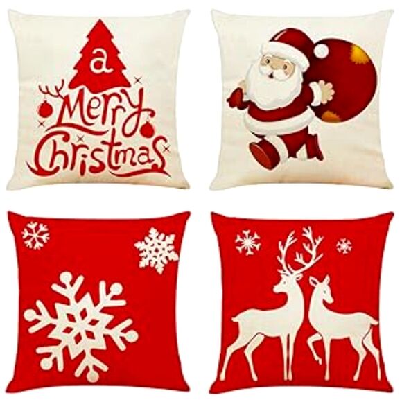 Christmas Pillow Covers 4PC 18"x18" Throw Decorative Cotton Linen Pillow Square - Picture 3 of 12